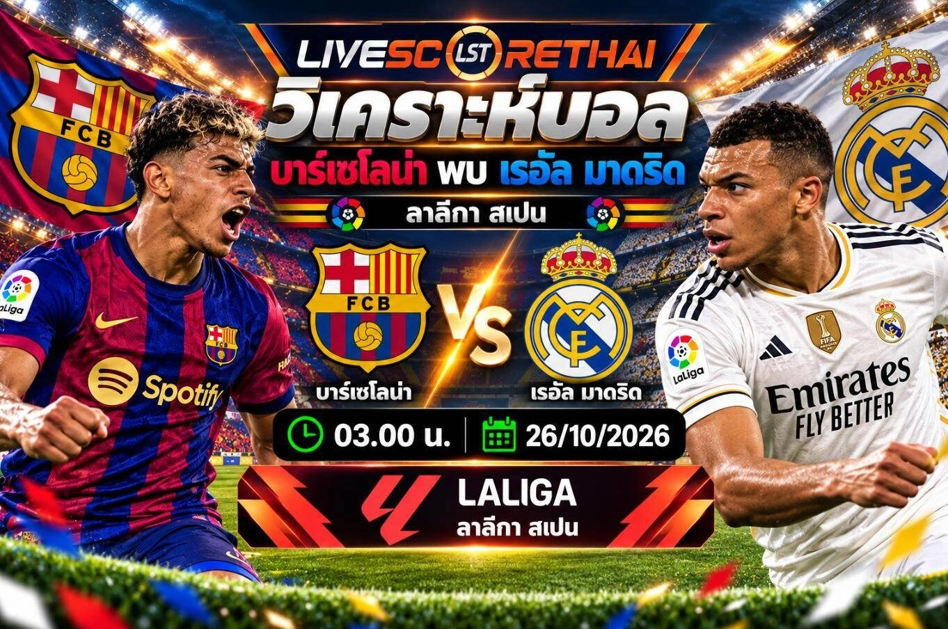 Dวิเคราะห์บอล บาร์เซโลนา พบ เรอัล มาดริด 03:00 26/10 – ลาลีกา สเปน 2026/27